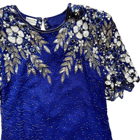 Vintage 80s 90s Blue Beaded Women's Cocktail Dress - Gorgeous! Size Small/Medium - Picture 3 of 7